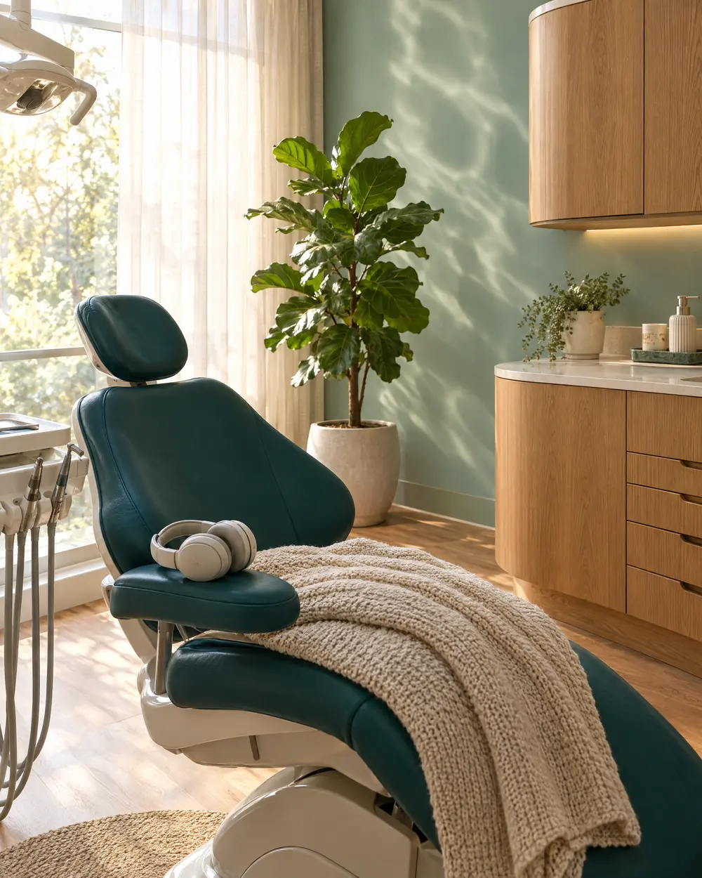 One of our treatment rooms: a teal dental chair with a knit blanket and headphones, next to a sunny window
